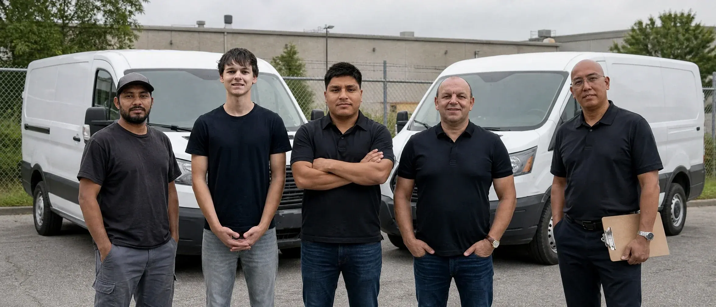 The ECHA HVAC crew standing with owner Emerson Cesa in front of the company service vans