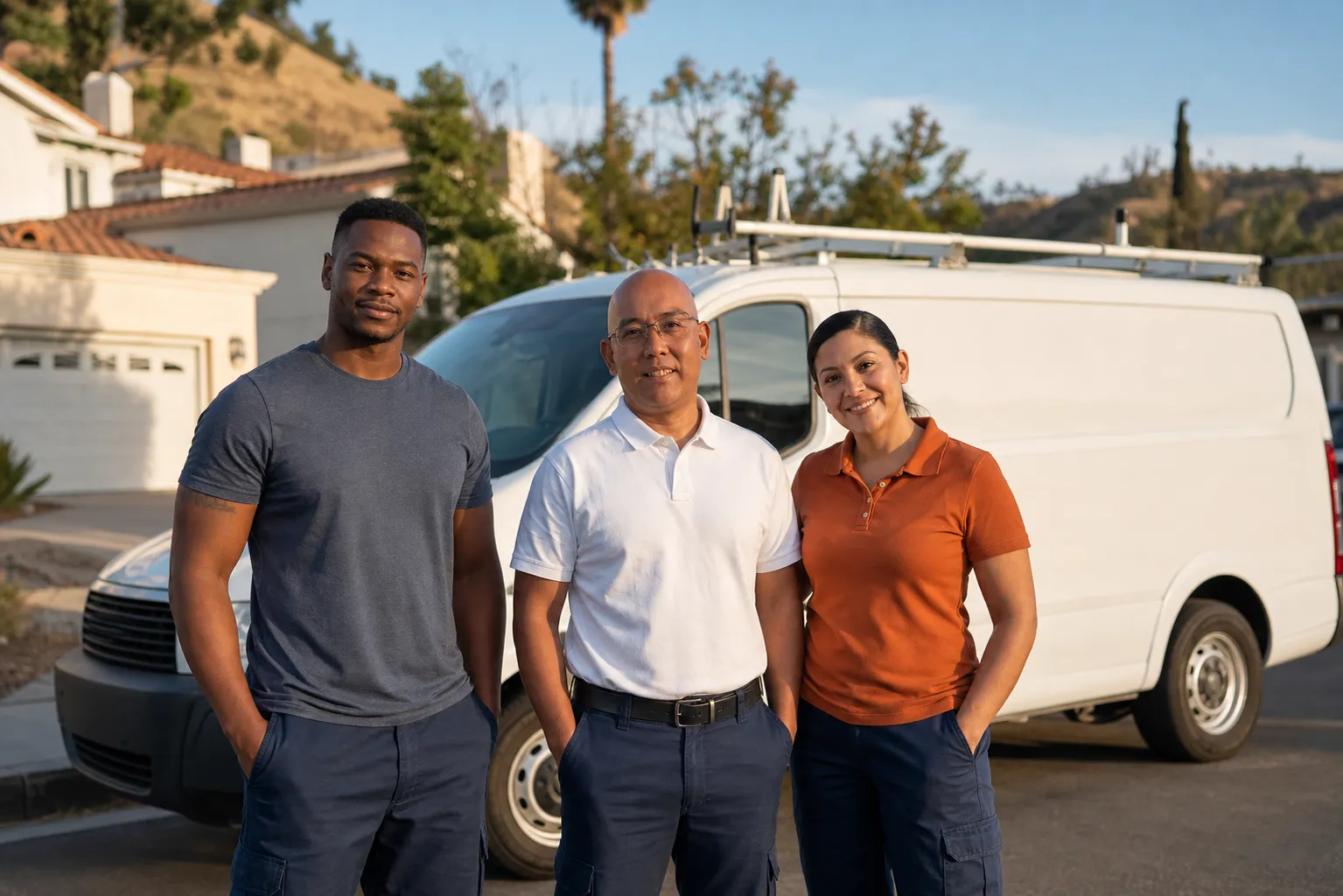 ECHA HVAC Sacramento owner Emerson Cesa and two of his technicians standing in front of their white service van in a Sacramento foothill neighborhood at golden hour