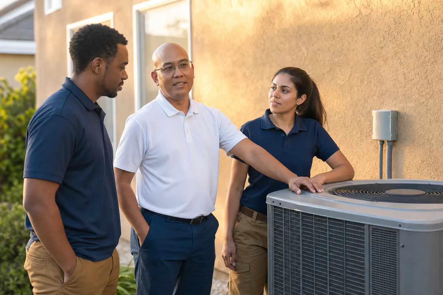 Emerson Cesa mentoring two ECHA HVAC technicians beside a residential AC condenser in Sacramento