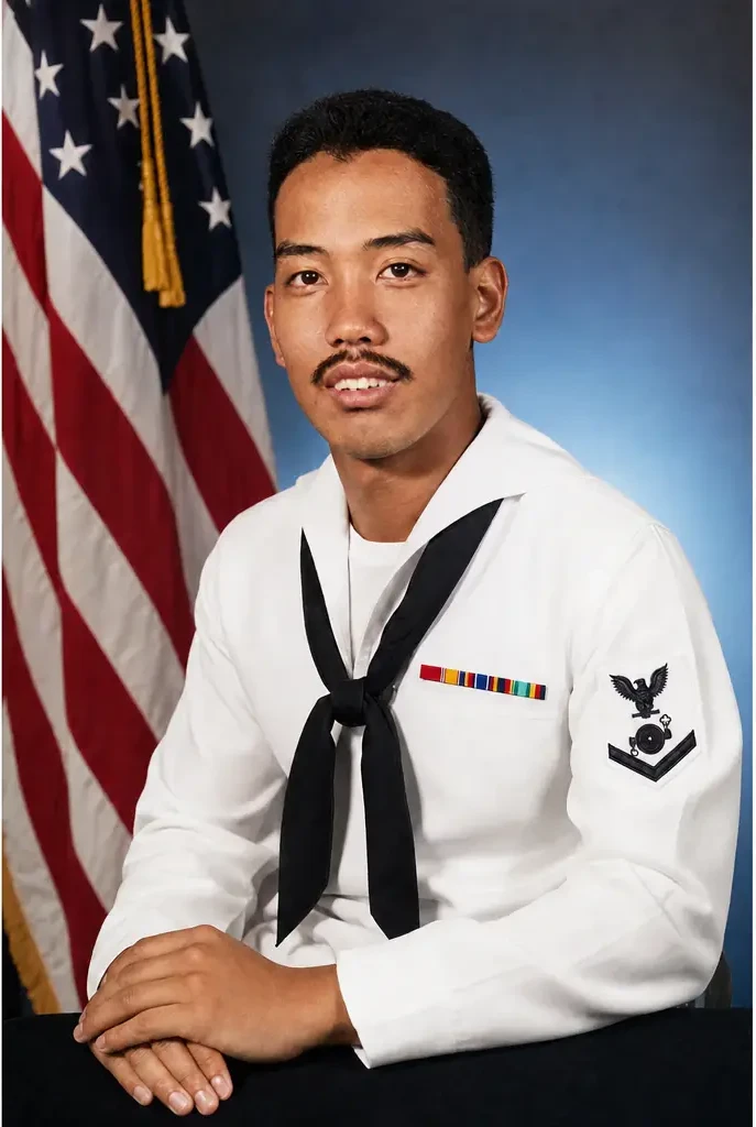 Emerson Cesa in U.S. Navy dress white uniform as a Petty Officer Third Class boiler technician, seated beside the American flag