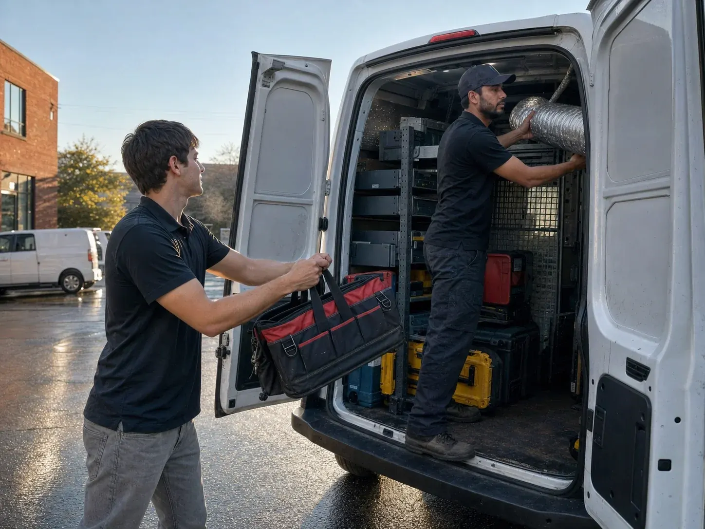 Two ECHA HVAC technicians loading flex duct and tools into a service van at the shop before the first call of the day