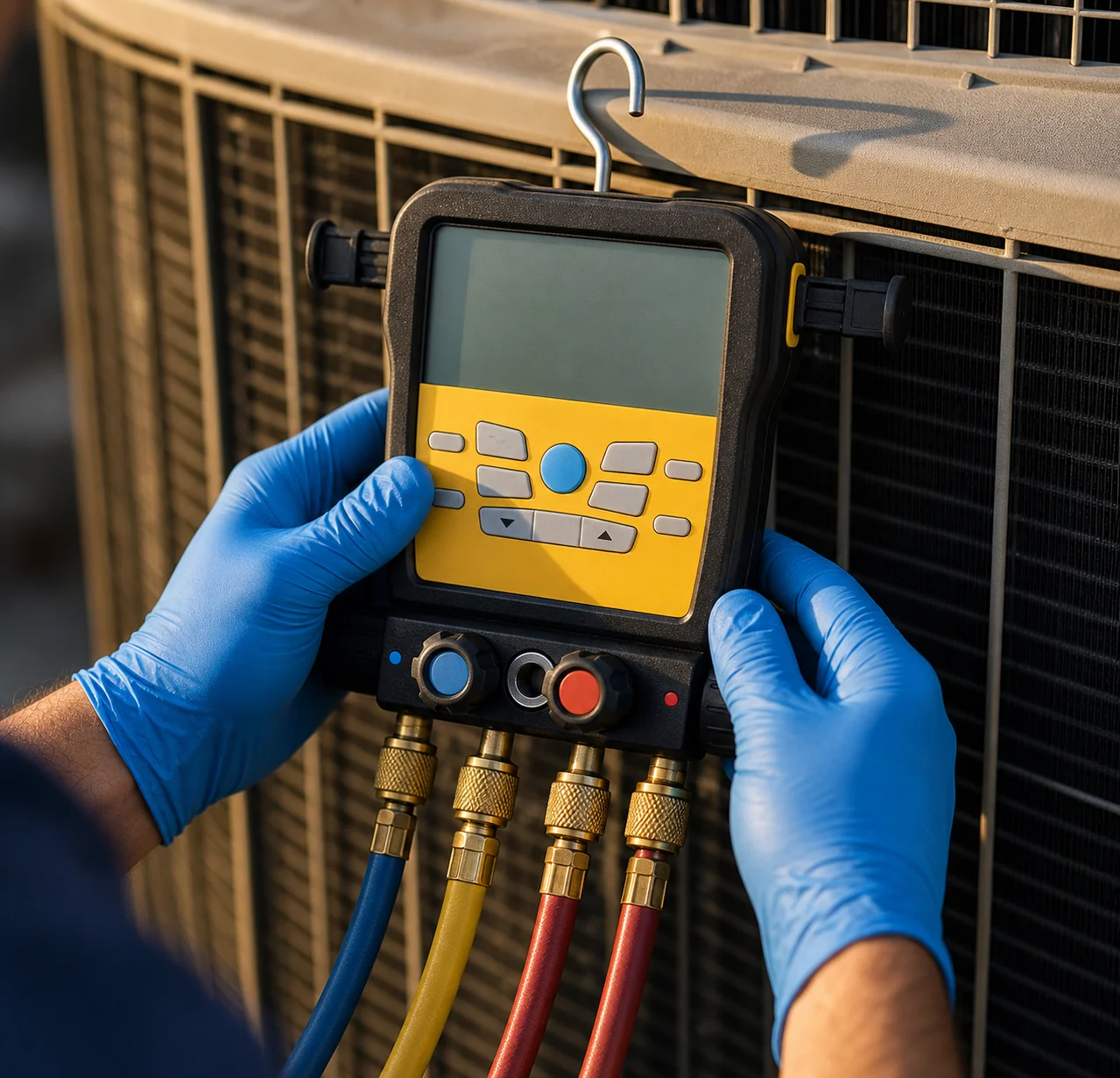 Close-up of a ECHA HVAC technician checking refrigerant charge with a digital manifold gauge on an AC condenser