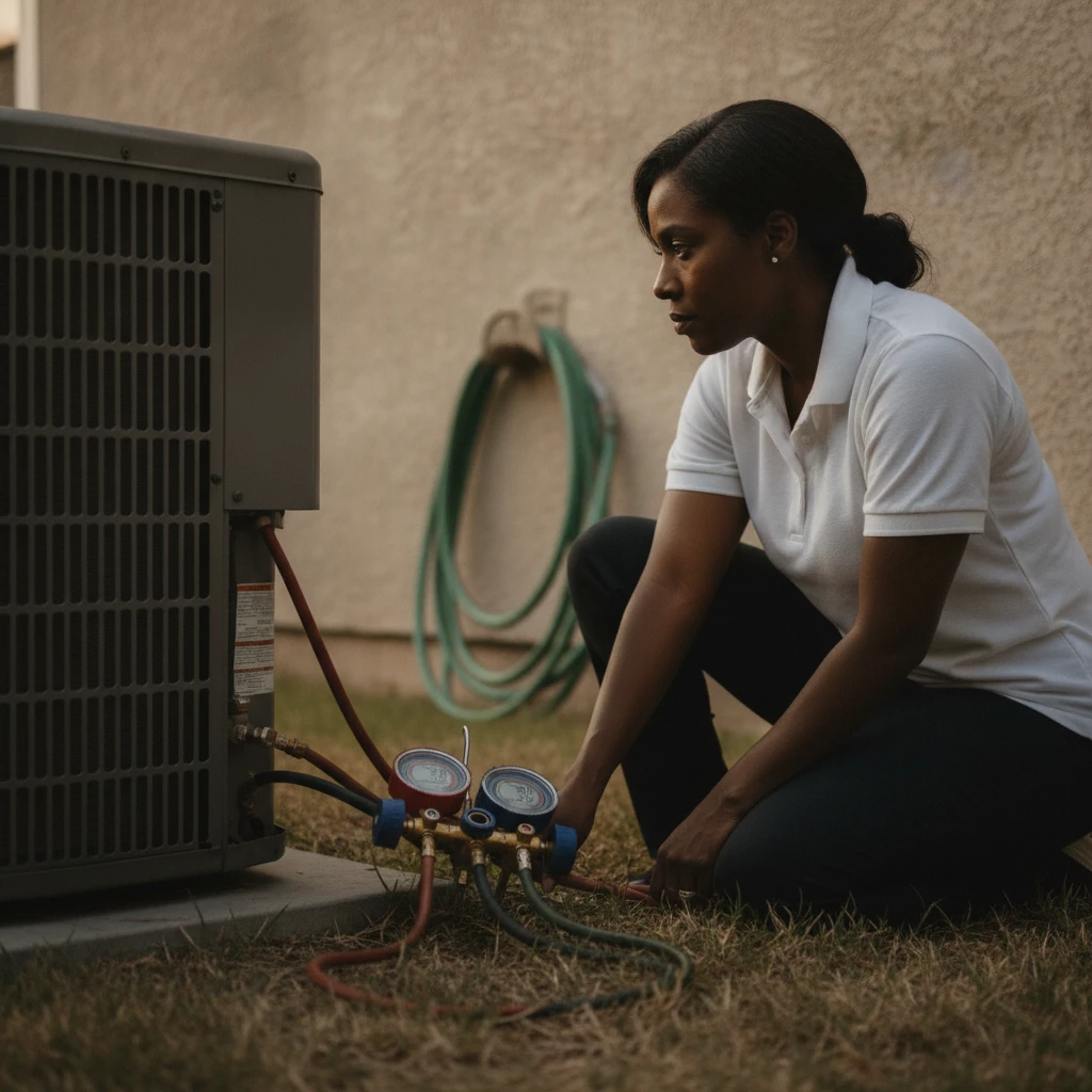 ECHA HVAC technician using refrigerant gauges to diagnose a residential AC condenser in Sacramento