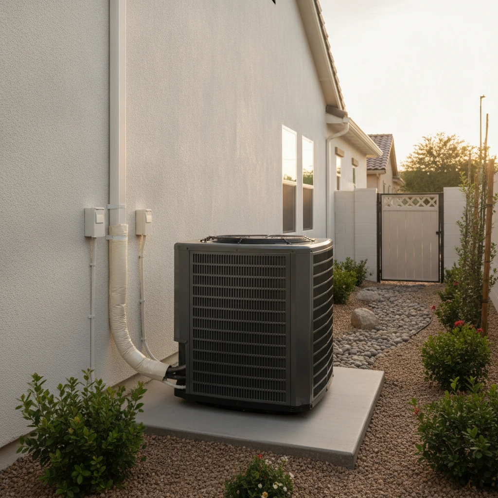 Clean new air conditioning condenser unit installed on a concrete pad at a Sacramento home
