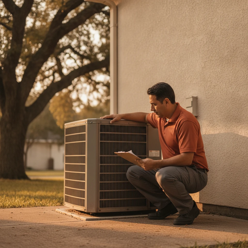 ECHA HVAC technician servicing a residential central air conditioning condenser in Sacramento