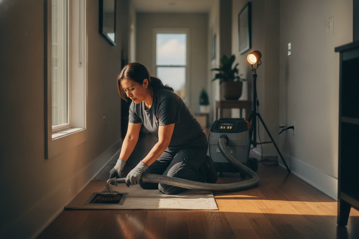 ECHA HVAC technician cleaning a home air duct with negative-air equipment in Sacramento