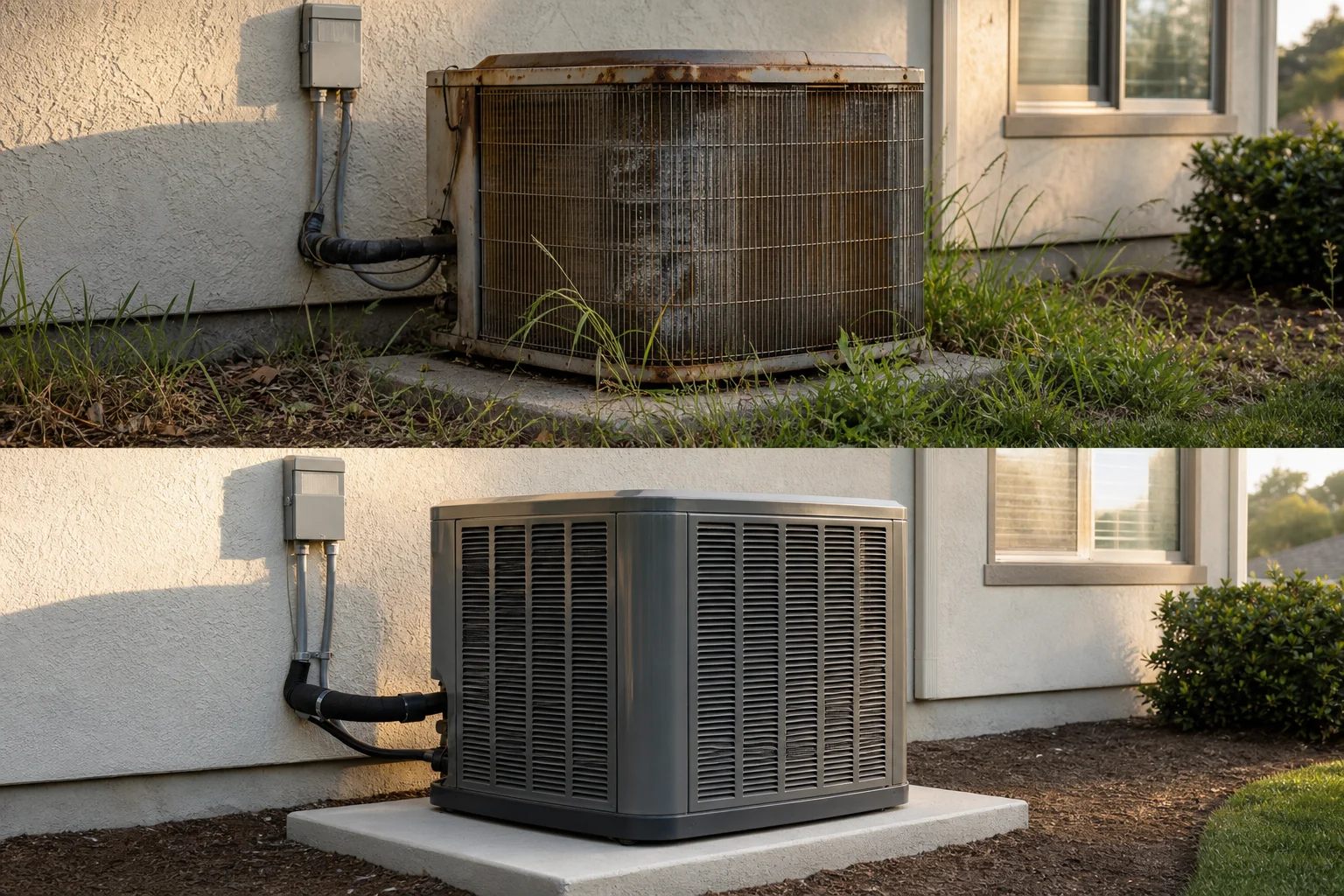 Before and after comparison of an AC condenser replacement at a Sacramento California home, showing a rusted deteriorating unit replaced with a new high-efficiency system by ECHA HVAC Sacramento