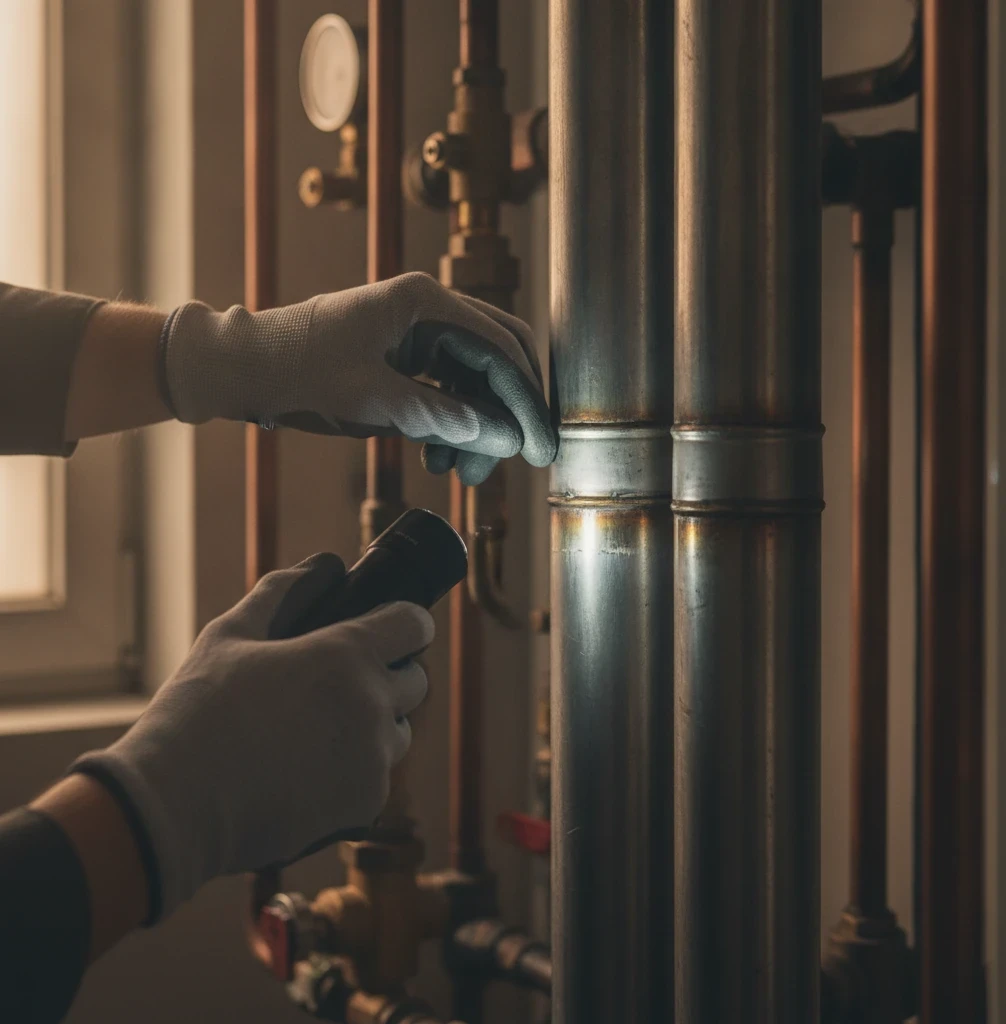 Close-up inspection of a residential boiler flue and pipe connections