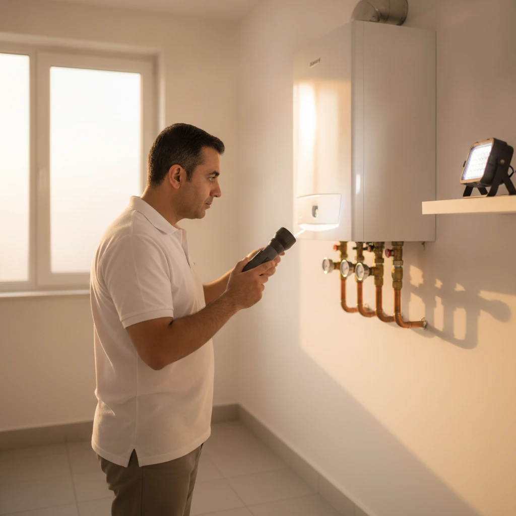 ECHA HVAC technician inspecting a residential gas boiler and flue in Sacramento