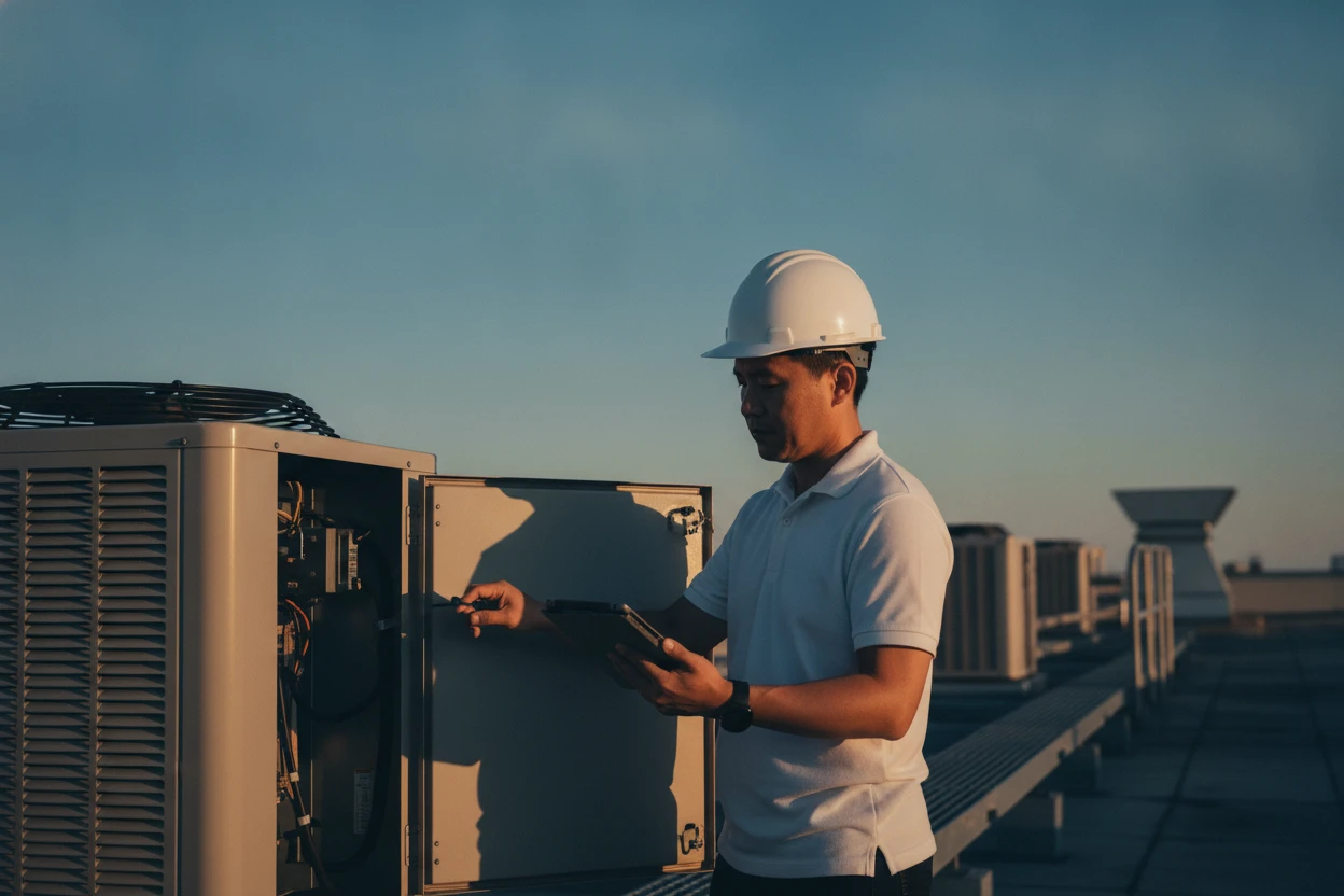 ECHA HVAC technician servicing a rooftop AC unit on a Sacramento commercial building