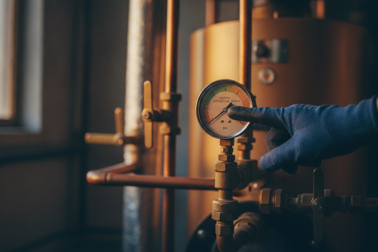 Close-up of a technician checking a commercial boiler pressure gauge in a Sacramento mechanical room
