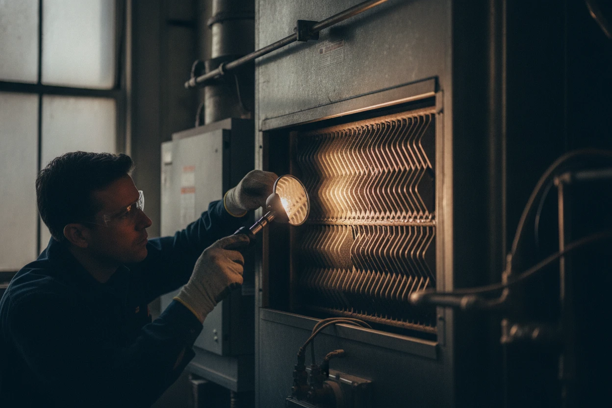 Technician inspecting the heat exchanger of a commercial furnace in Sacramento