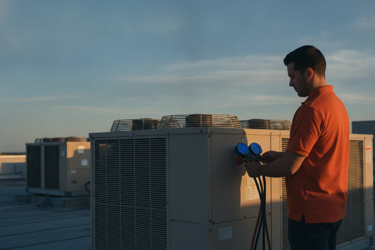 Technician checking refrigerant on a rooftop commercial heat pump in Sacramento