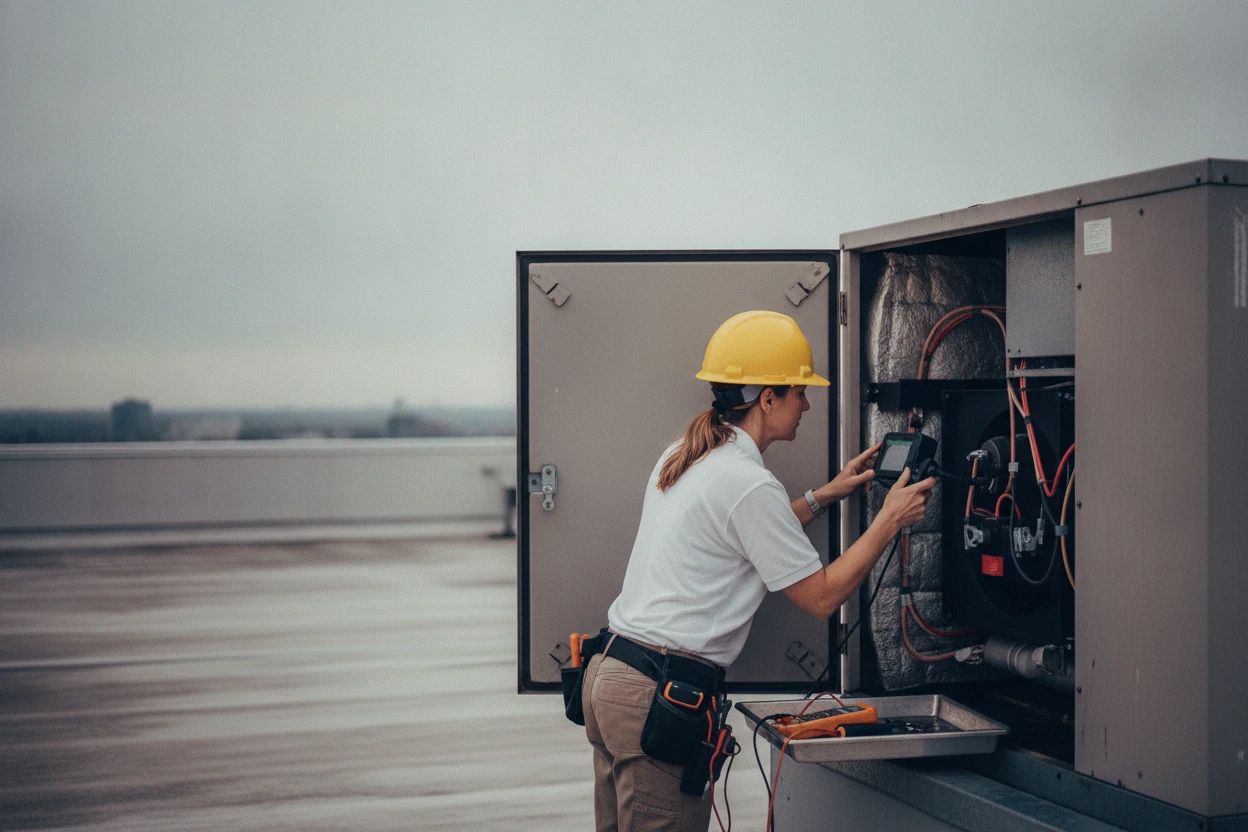 ECHA HVAC technician servicing a rooftop heating unit on a Sacramento commercial building