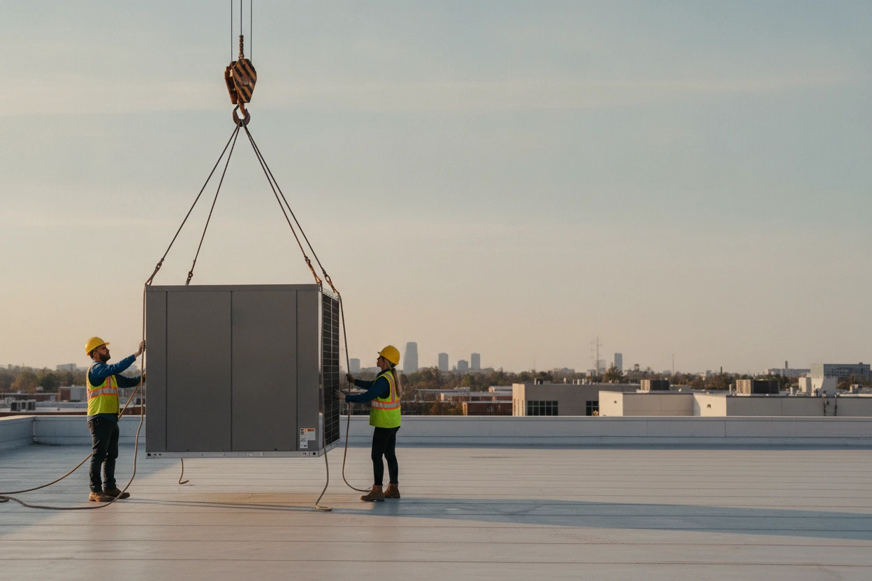 ECHA HVAC crew craning a new commercial rooftop unit into place in Sacramento