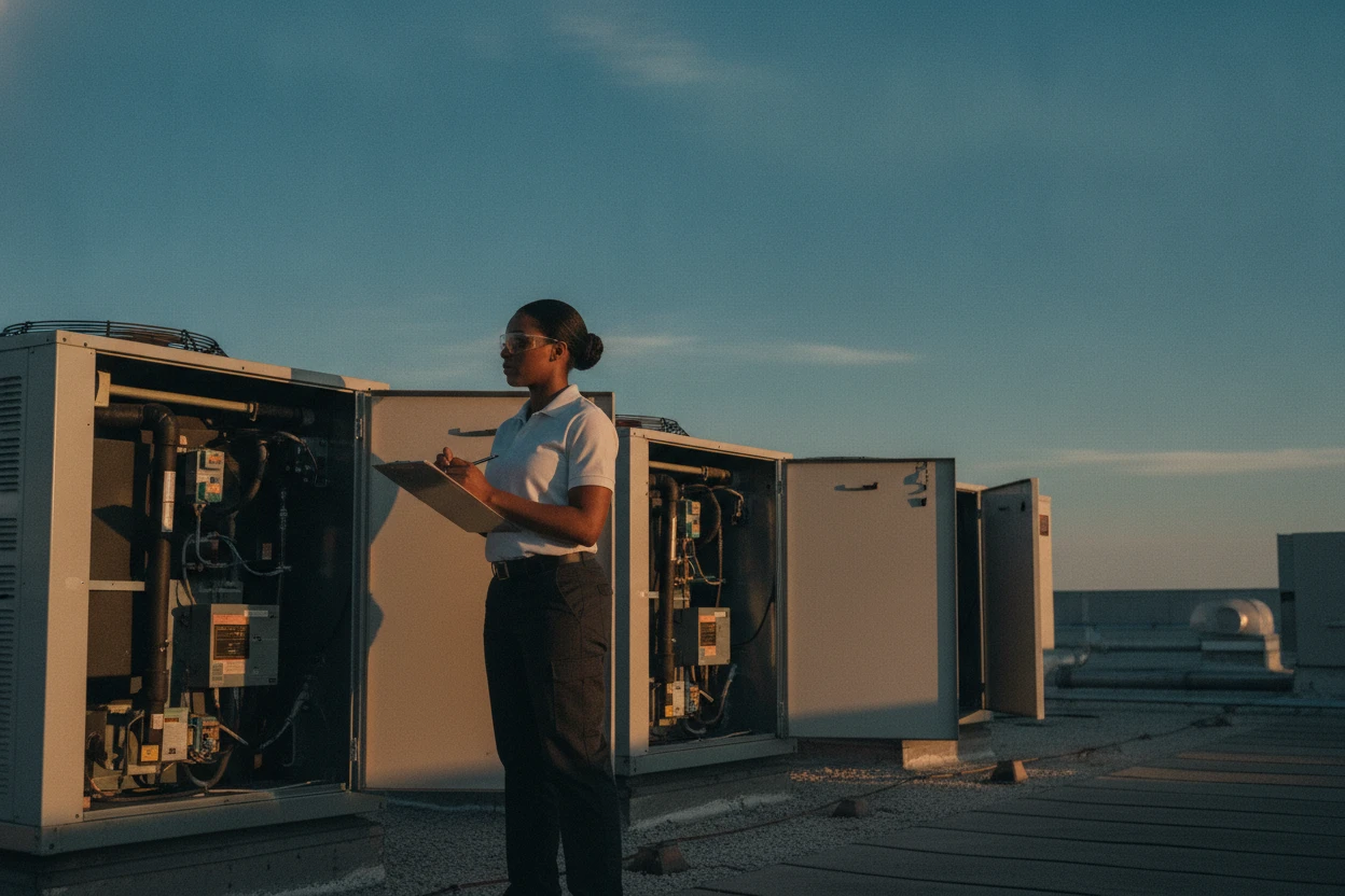 ECHA HVAC technician performing preventive maintenance on rooftop units in Sacramento