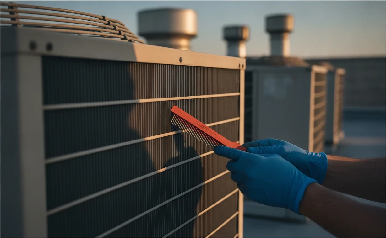 Technician combing the coil fins on a commercial rooftop HVAC unit during maintenance in Sacramento