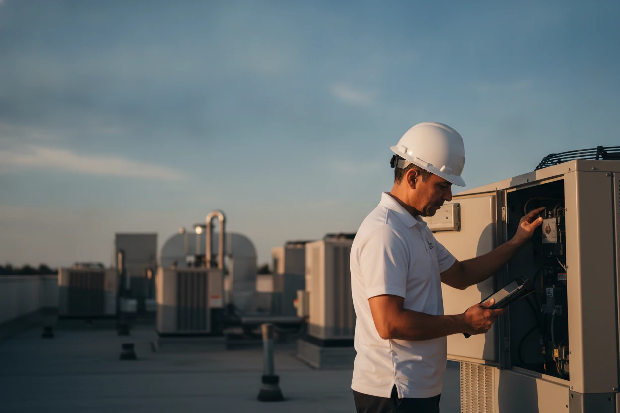 ECHA HVAC technician repairing a commercial rooftop packaged unit in Sacramento