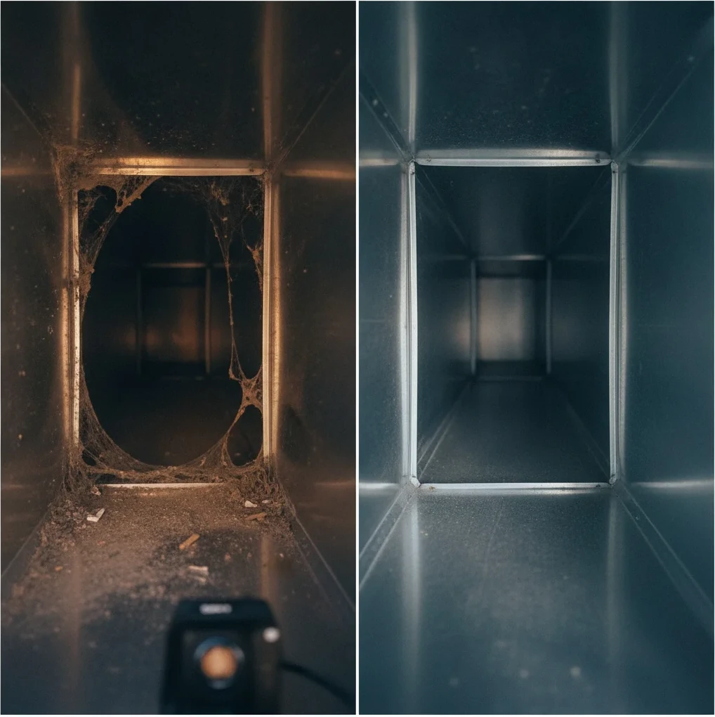 Before-and-after comparison of a home air duct interior, heavy dust and cobwebs cleaned back to bare metal