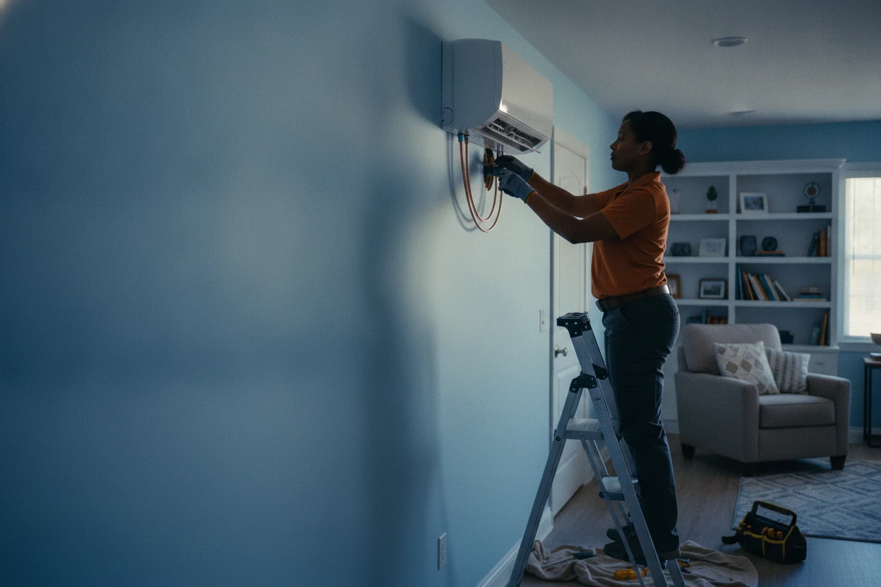 Wall-mounted ductless mini-split head in a Sacramento home