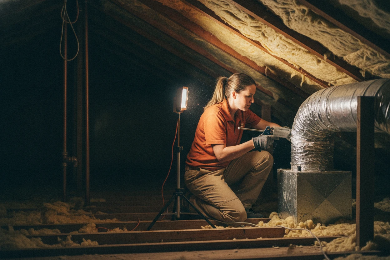 ECHA HVAC technician sealing insulated attic duct runs in a Sacramento home