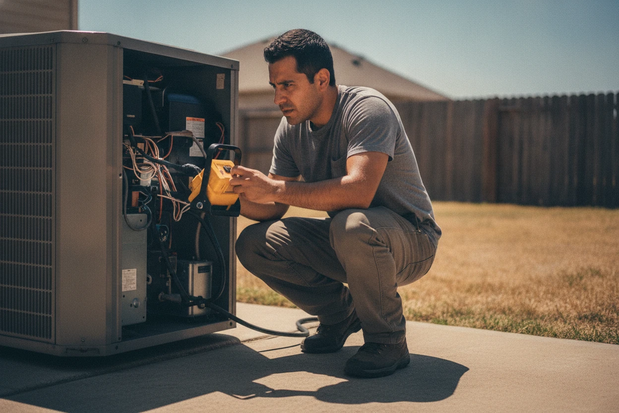 ECHA HVAC technician making an urgent daytime emergency AC repair at a Sacramento home