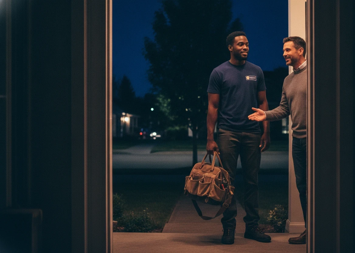 ECHA HVAC technician greeting a relieved Sacramento homeowner after a night-time no-heat repair