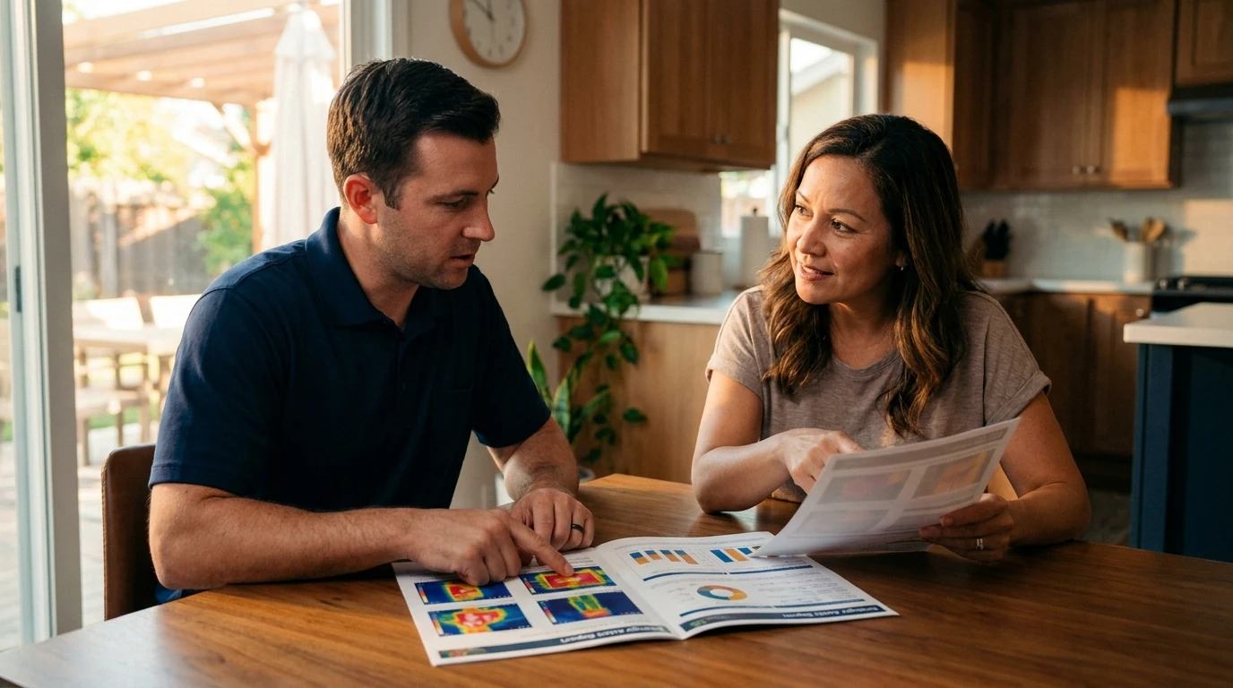 ECHA HVAC technician reviewing a home energy-audit report with a Sacramento homeowner