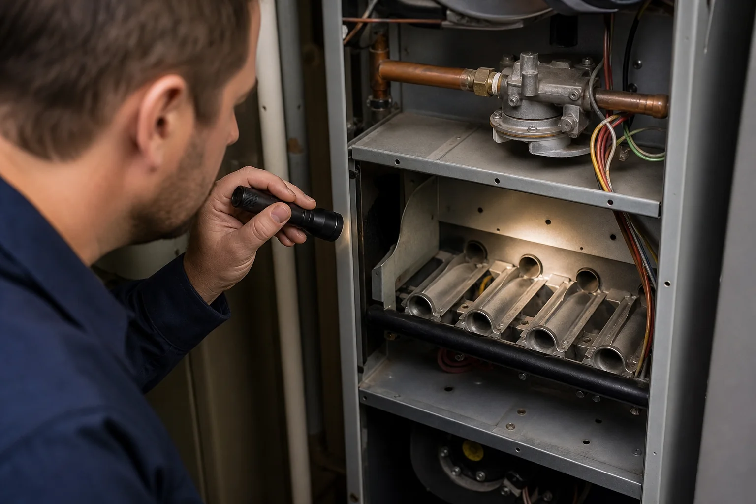 ECHA HVAC technician inspecting a gas furnace burner assembly with a flashlight