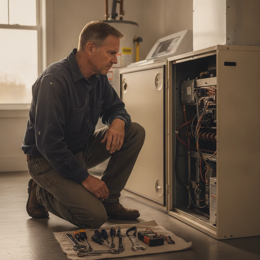 ECHA HVAC technician servicing a residential gas furnace in Sacramento