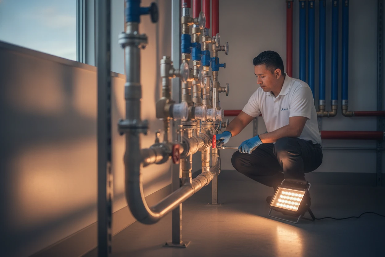 Geothermal ground-loop manifold and piping in a Sacramento home mechanical room