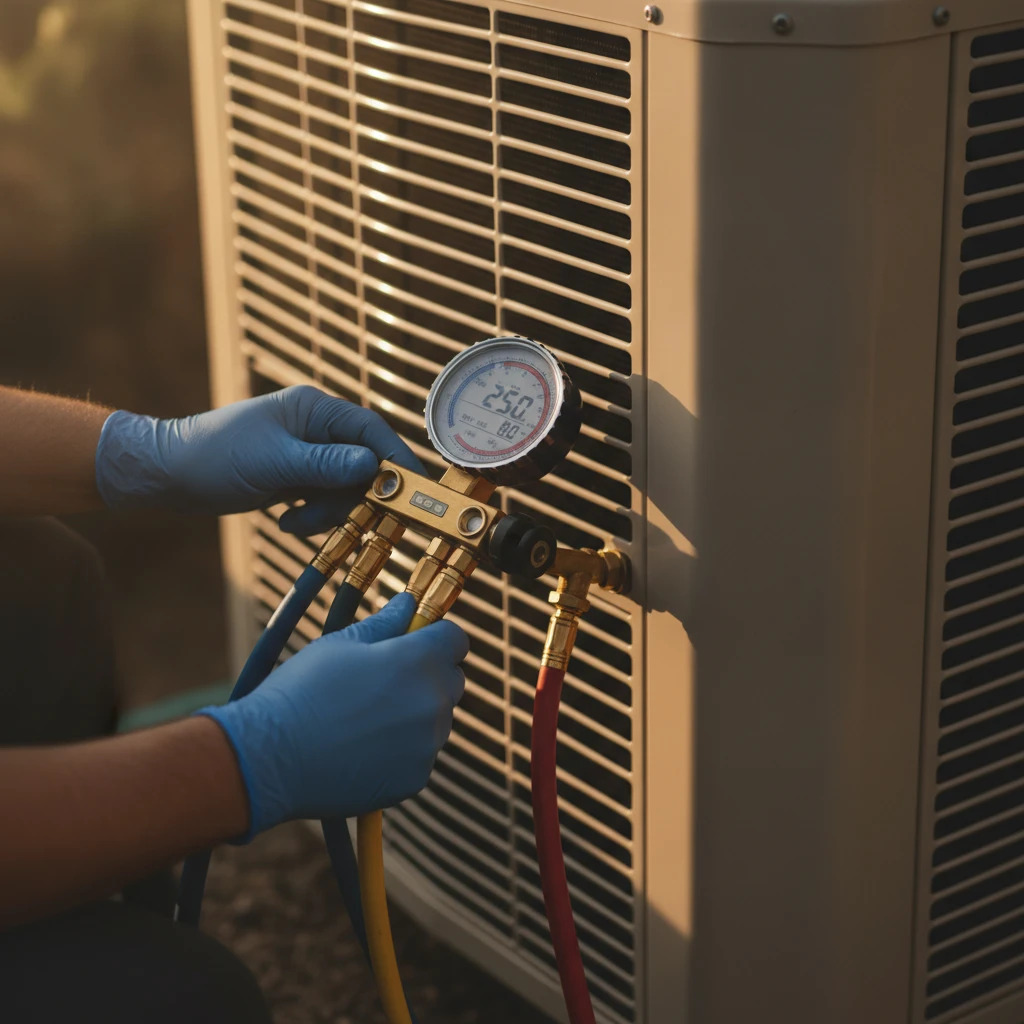 Technician checking heat pump refrigerant pressure with a manifold gauge