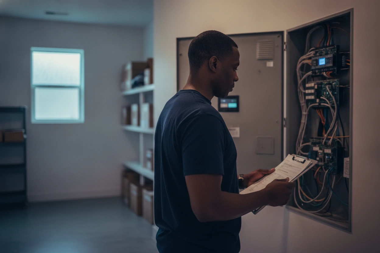 ECHA HVAC technician inspecting a home heating system control panel in Sacramento