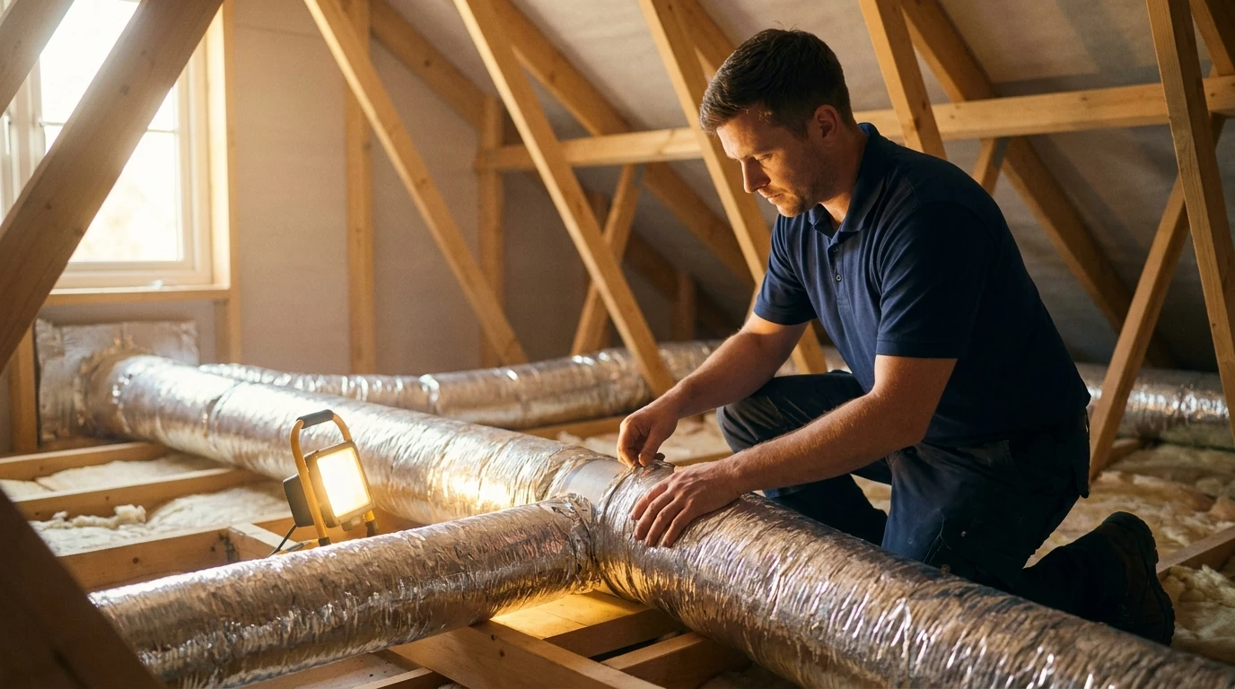ECHA HVAC technician sealing attic ductwork in a Sacramento home