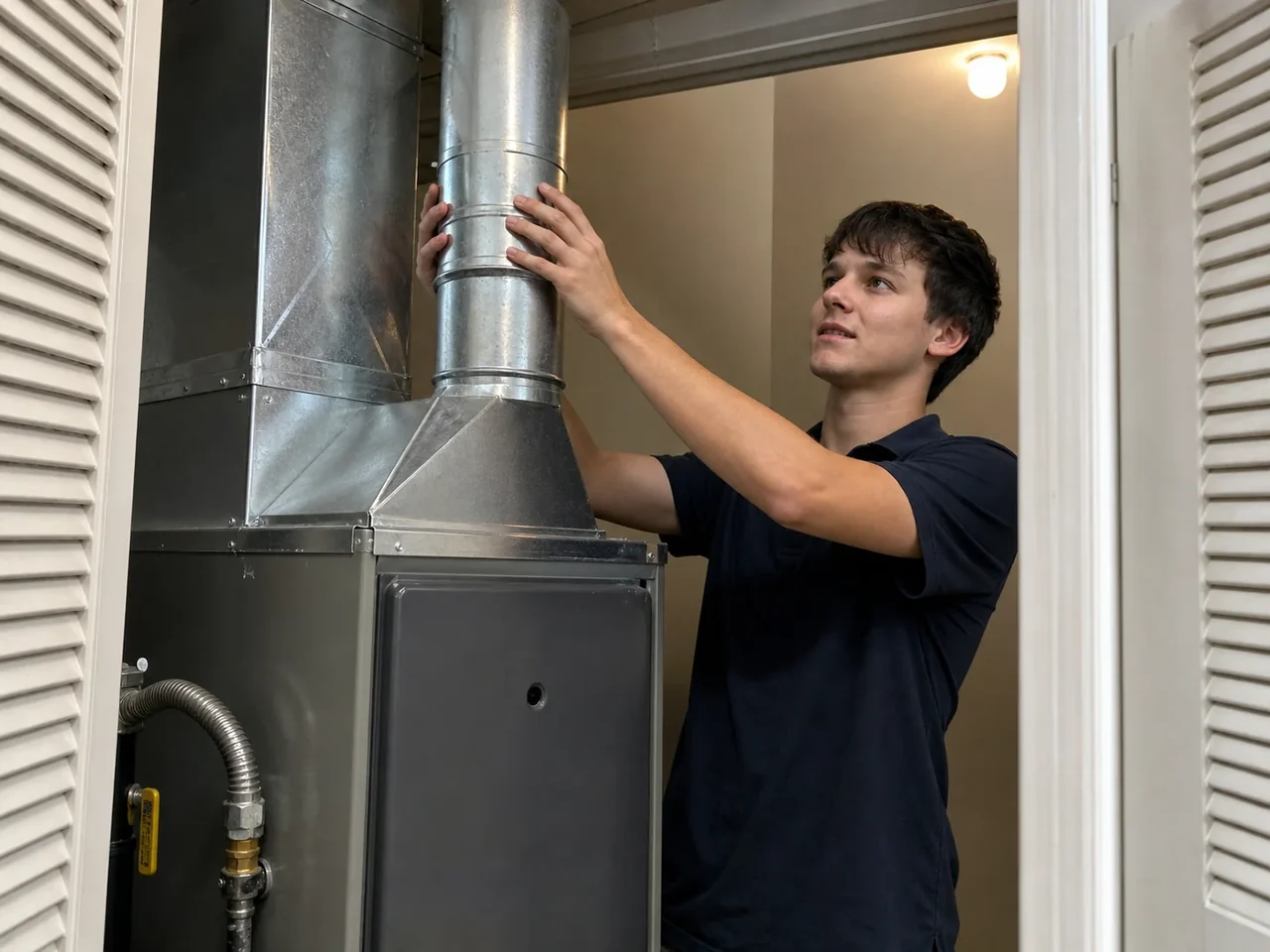 ECHA HVAC technician connecting flue pipe on a newly installed gas furnace in a Sacramento-area home