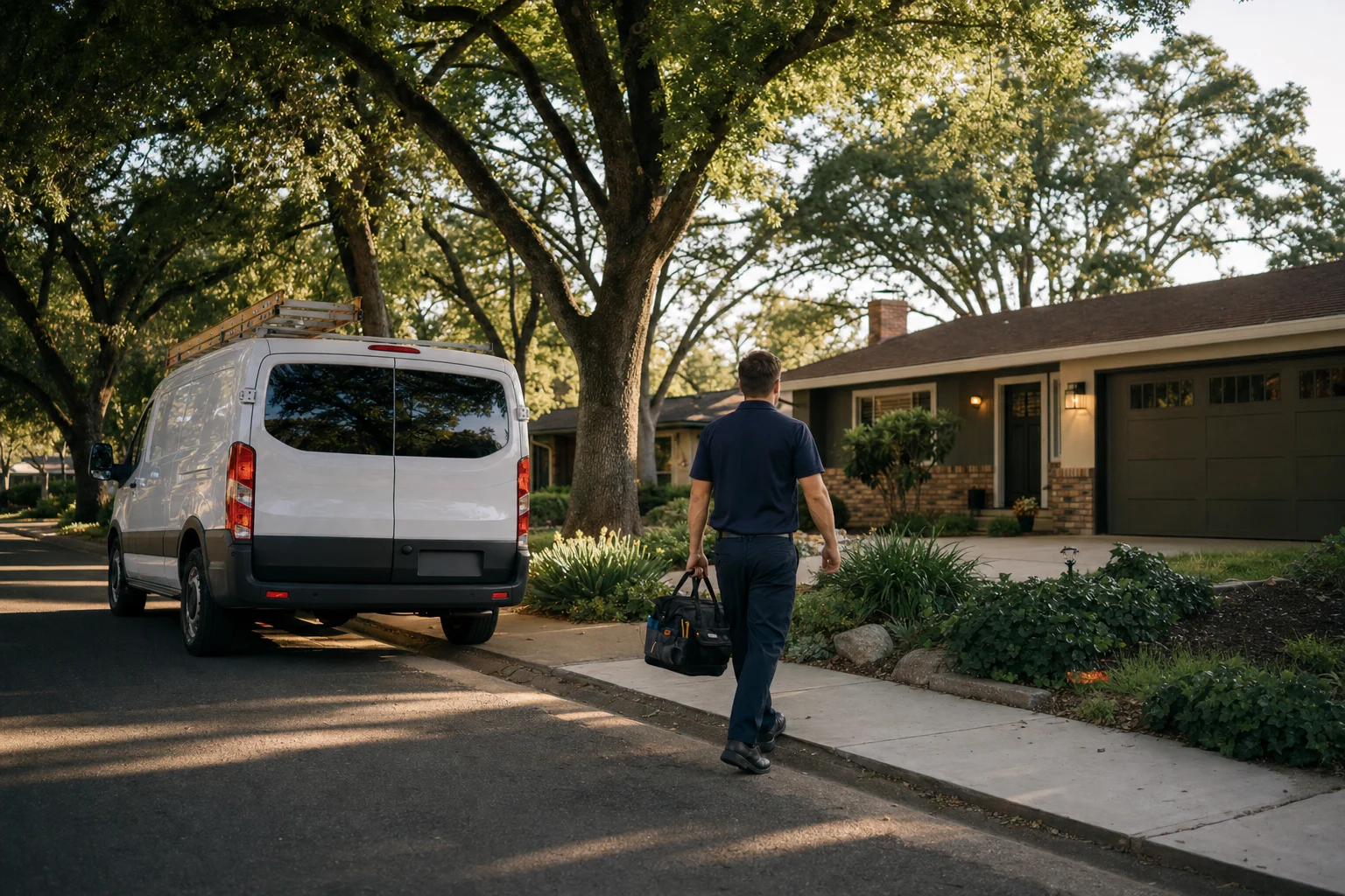 ECHA HVAC technician servicing an aging condenser at a 1970s Carmichael home, branded service van in the driveway