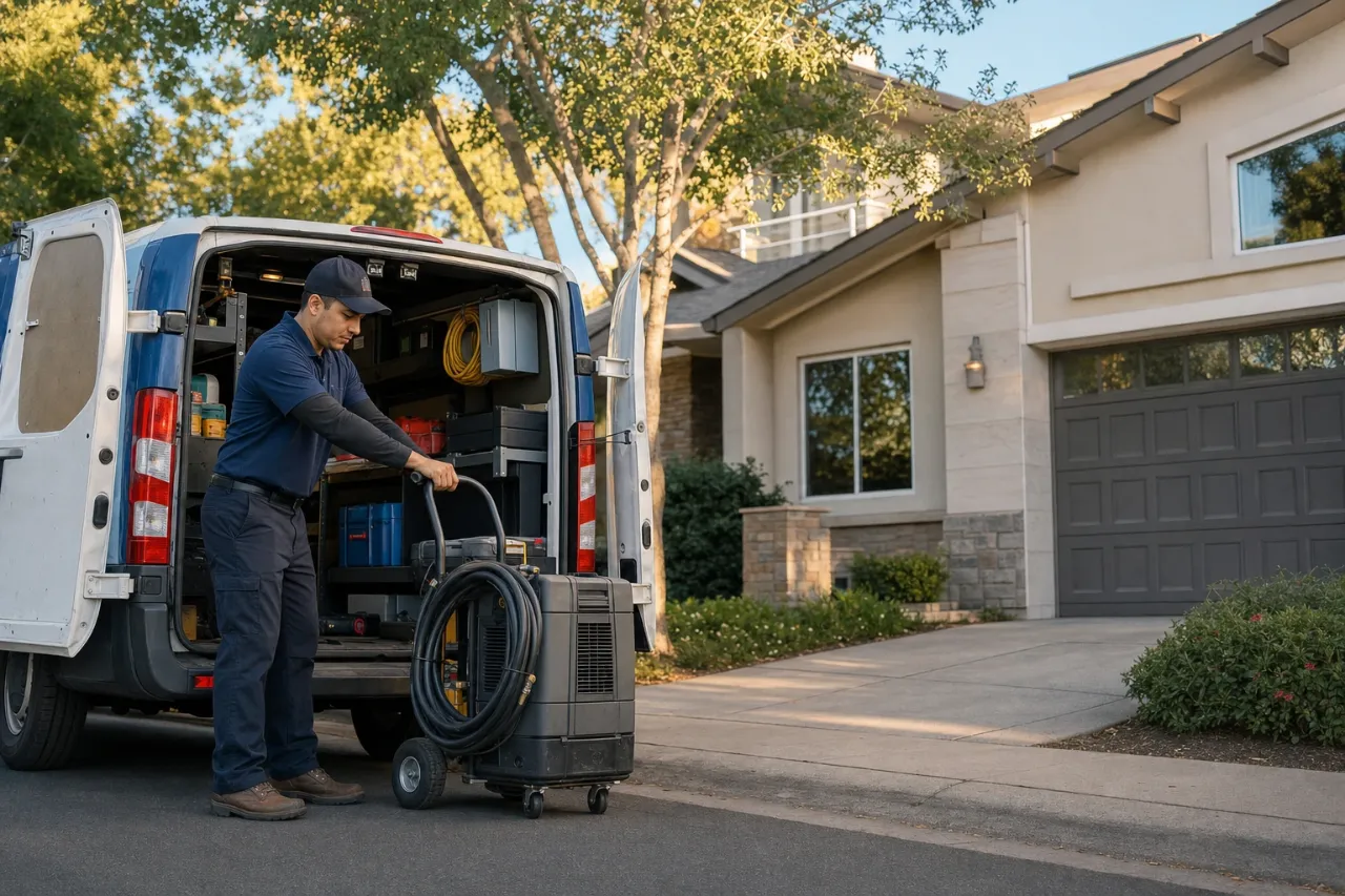 HVAC technician unloading equipment from ECHA HVAC service van in front of modern Folsom home with mature street trees