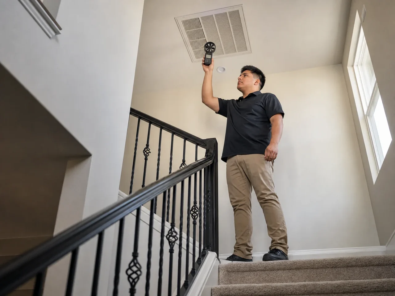 ECHA HVAC technician measuring airflow at an upstairs ceiling return in a two-story Folsom, California home
