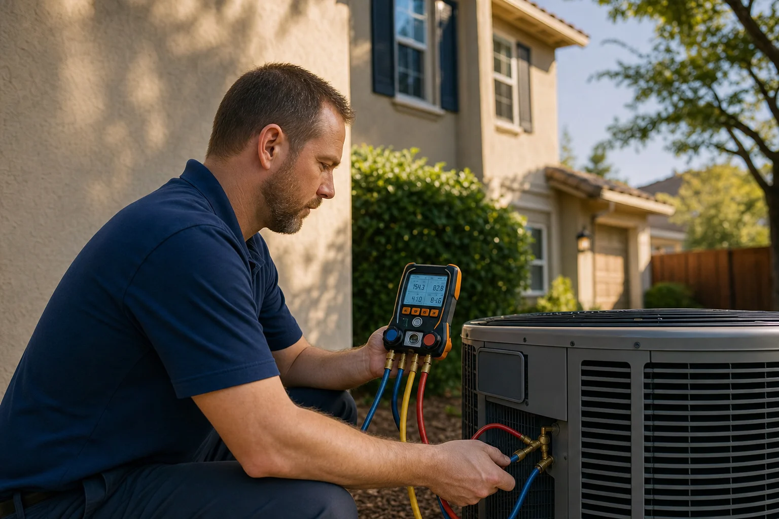 HVAC technician in navy polo servicing an air conditioning condenser unit at a Rocklin home exterior, branded service van visible in driveway