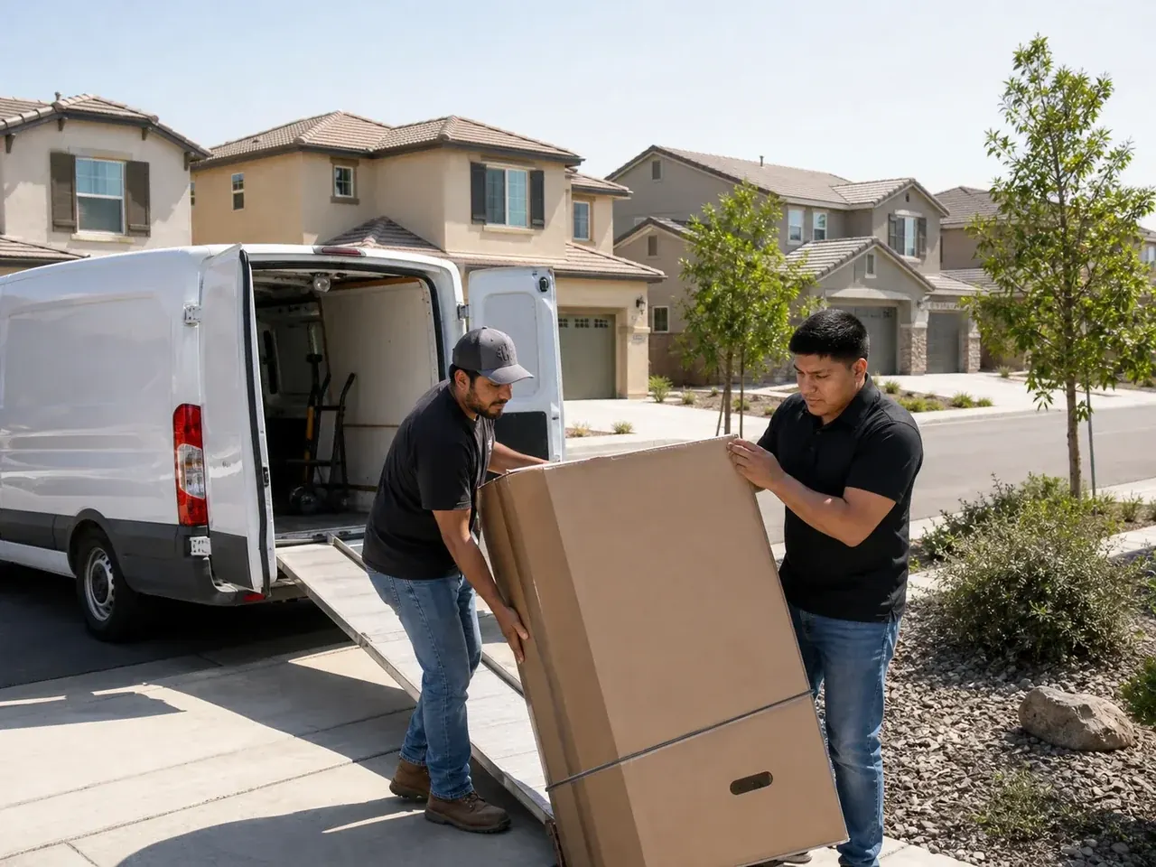 Two ECHA HVAC technicians unloading new equipment from a service van in a Rocklin, California subdivision