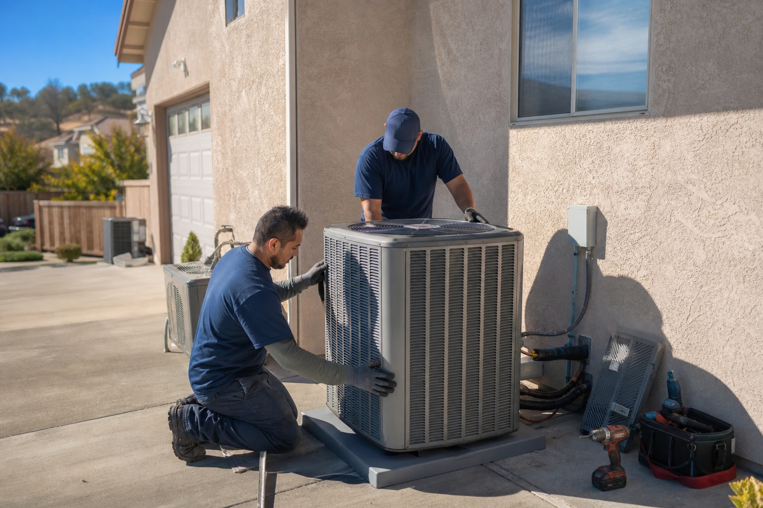 Two HVAC technicians installing new condenser unit outside late 1990s to 2000s suburban Roseville home, stucco exterior, system replacement