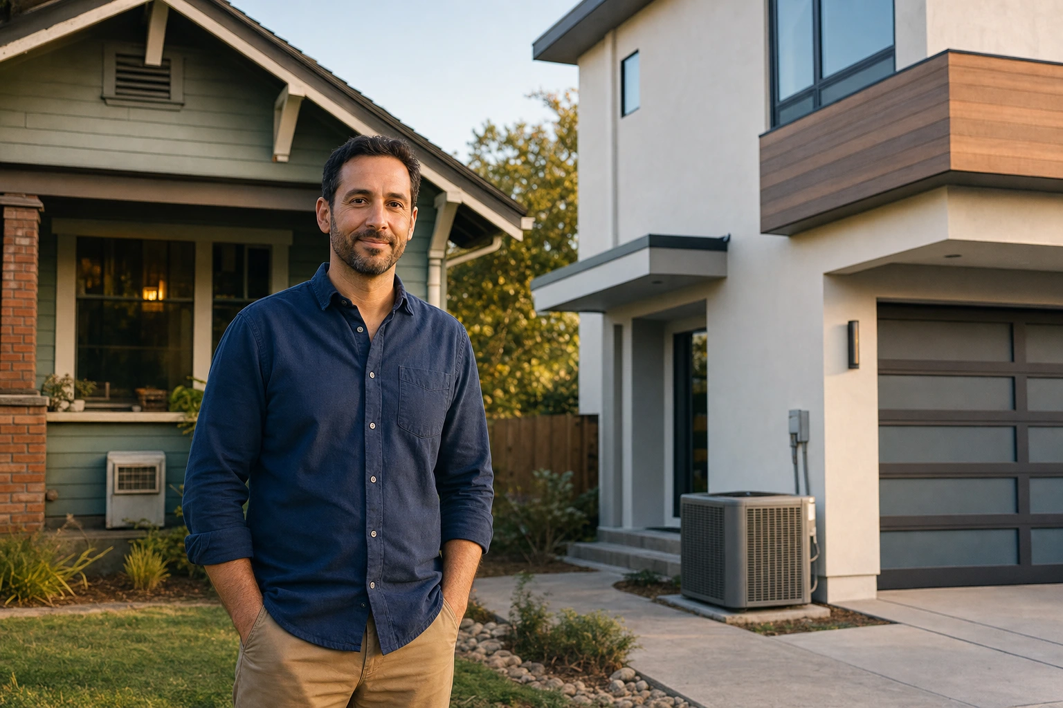 Sacramento homeowner standing in front of historic craftsman bungalow with original HVAC vent and modern new-build home with AC condenser unit showing HVAC system contrast