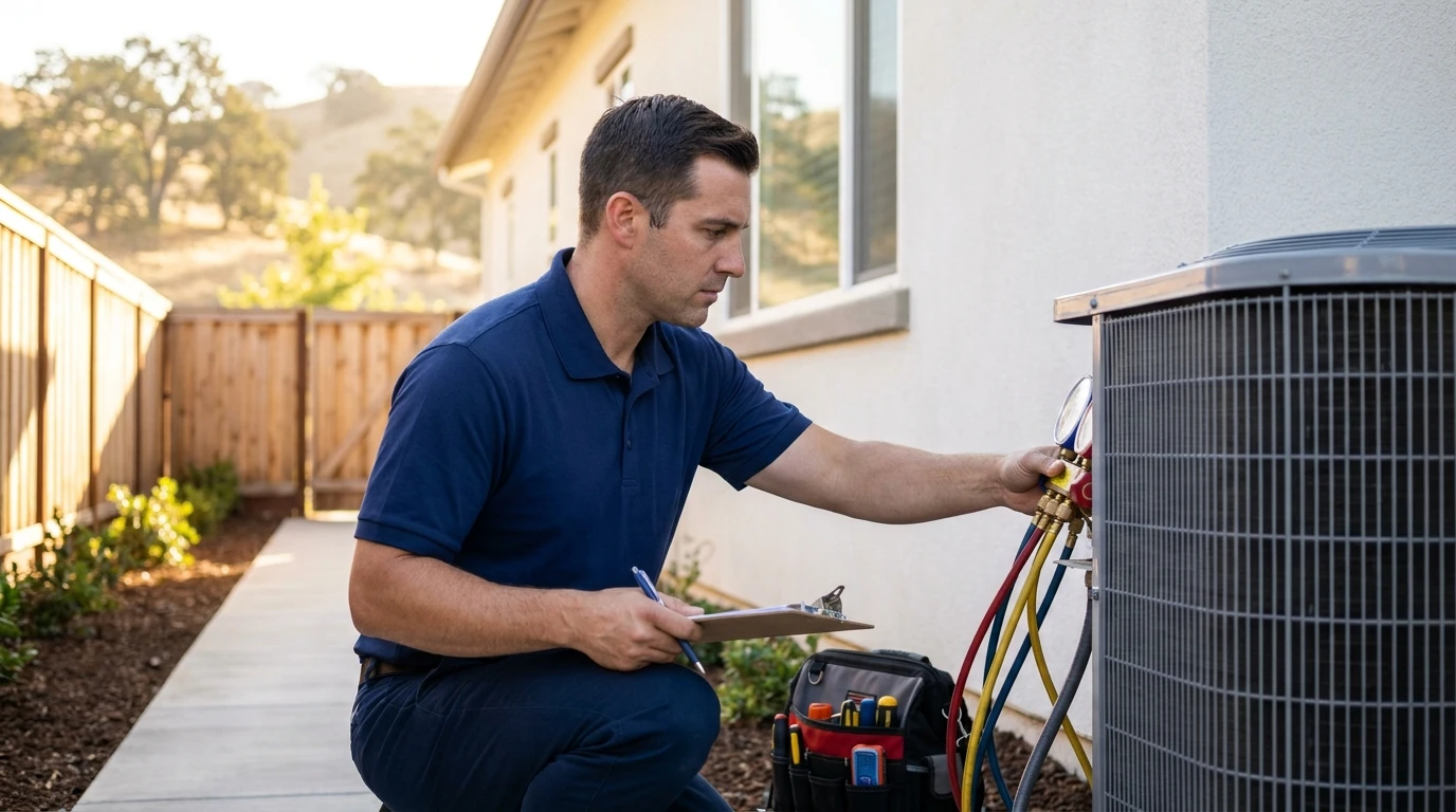 ECHA HVAC technician performing a seasonal tune-up on an outdoor unit in Sacramento