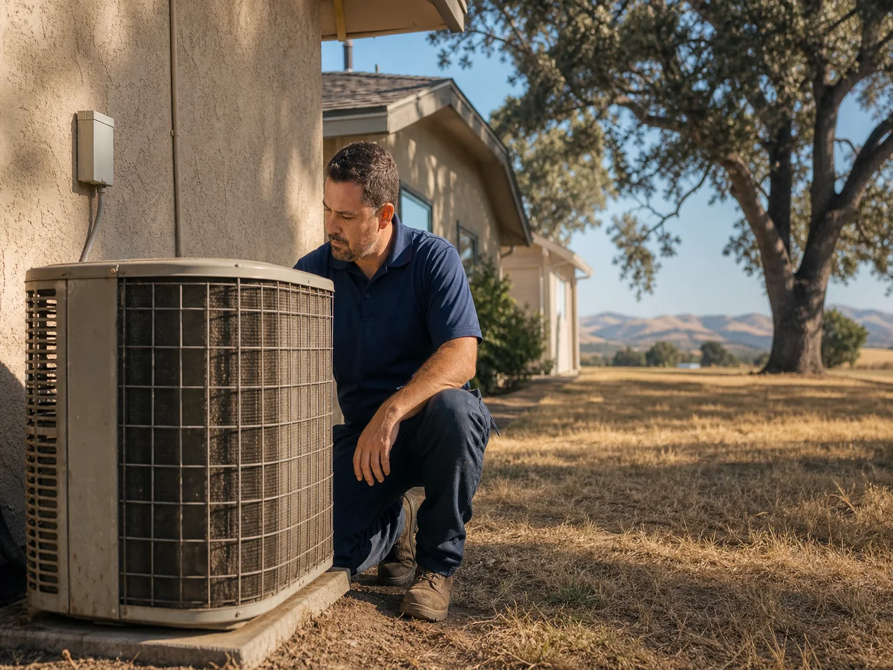 ECHA HVAC technician installing a heat pump condenser at a 1980s Vacaville home, branded service van in the driveway