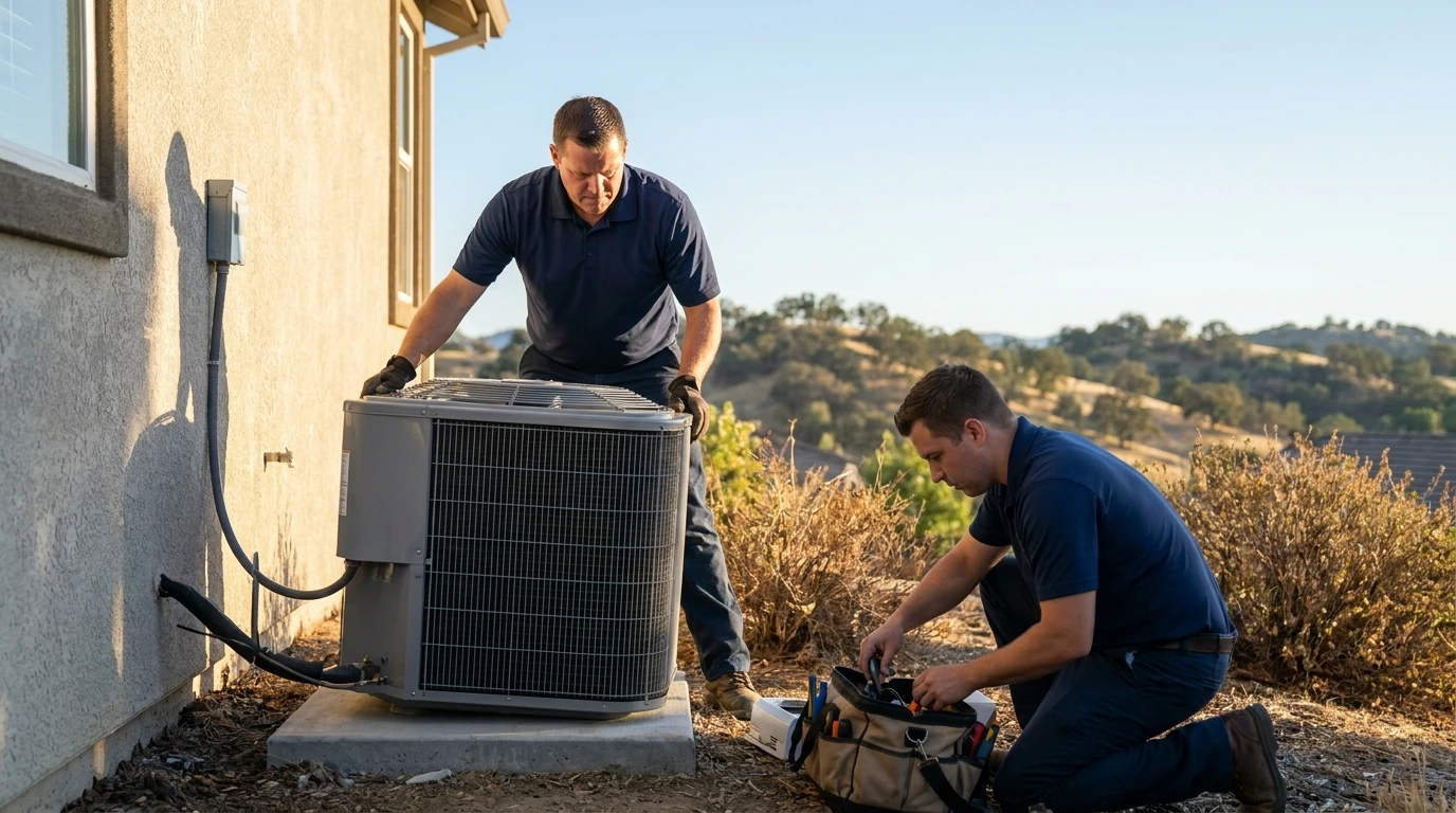 ECHA HVAC crew installing a new outdoor condenser at a Sacramento home