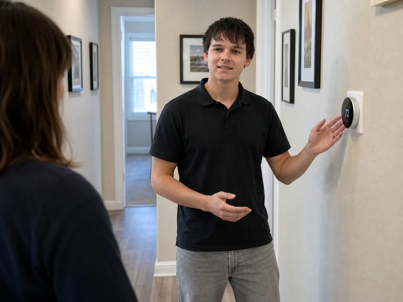 ECHA HVAC technician showing a homeowner how to use a newly installed smart thermostat in a Sacramento-area home