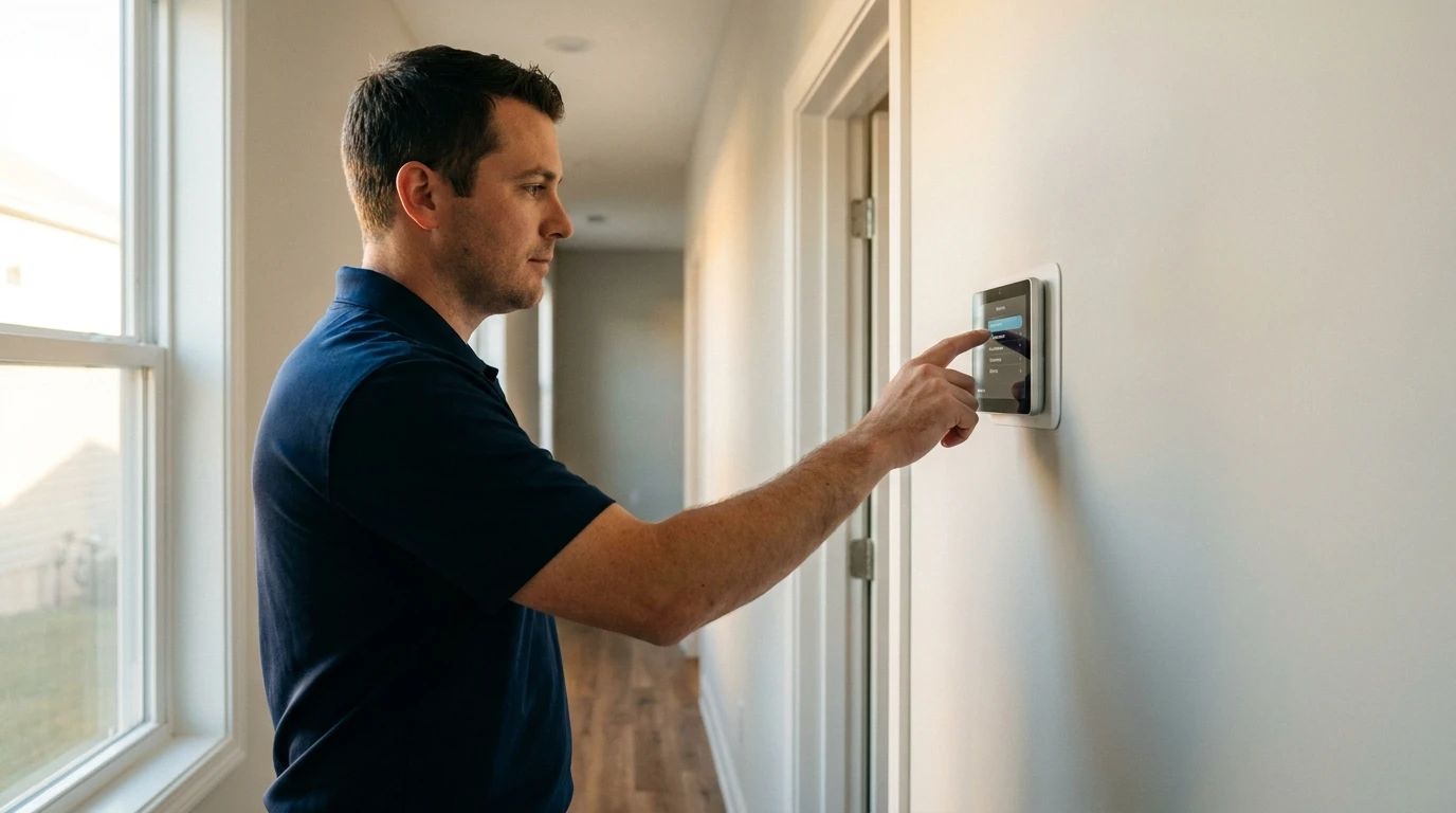 ECHA HVAC technician configuring a smart thermostat app for a Sacramento homeowner