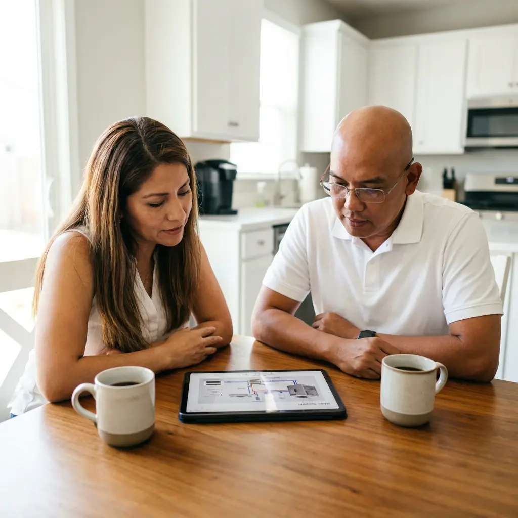 Two Sacramento homeowners reviewing an HVAC system proposal on a tablet at their kitchen table over coffee