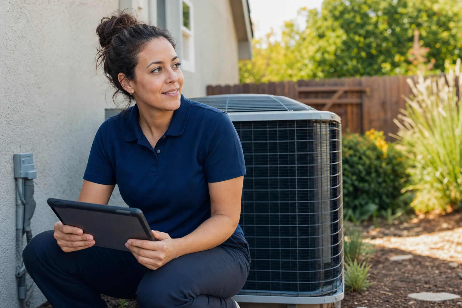 ECHA HVAC technician servicing an outdoor heat pump unit at a Sacramento home