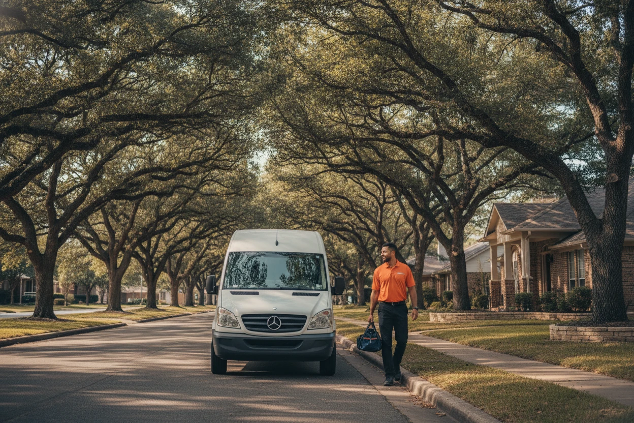 ECHA HVAC branded service van parked on a tree-lined residential Sacramento street